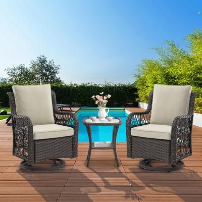 Garvee 3Pcs Outdoor Wicker Swivel Chair Set Swivel Rocking Chairs Set of 2 with Rattan Side Table 360-Degree Swivel Rocking Chair for Patio Porch Pool