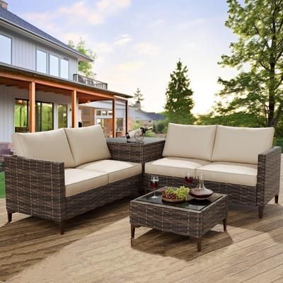 Garvee 4Pcs Patio Furniture Set Patio Sectional Furniture Set Rattan Wicker Outdoor Conversation Sets with Storage Box Glass Top Table one_size
