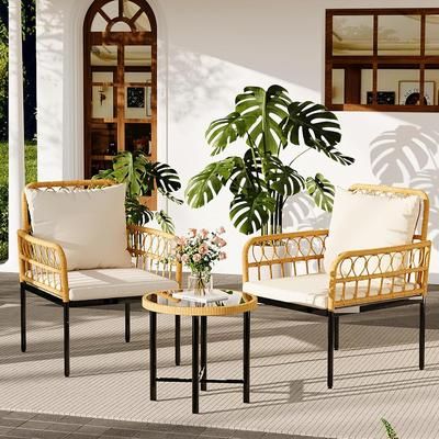 Garvee 3Pcs Outdoor Patio Furniture Set with Table All-Weather Boho Wicker Rattan Patio Sectional Sofa Metal Frame Detachable Cushions for Patio