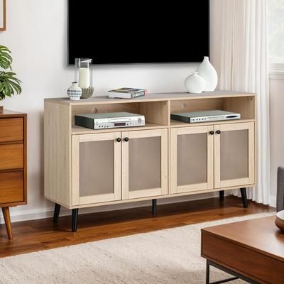 HyperDrop Cart Natural Finish Mid-Century Modern TV Stand with Cabinet Doors and Tapered Legs for Living Room one_size | H-B2741P398127