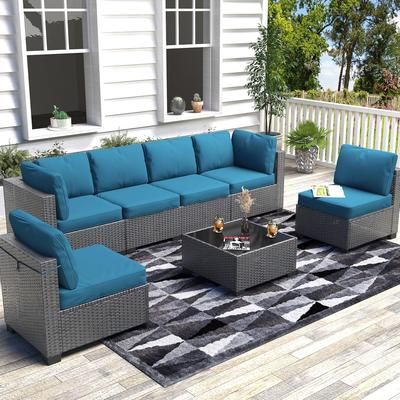 Garvee 7Pcs Outdoor Patio Furniture Set PE Rattan Wicker Sectional Modular Conversation Sofa Set with Thick Cushions Glass Top Coffee Table Perfect