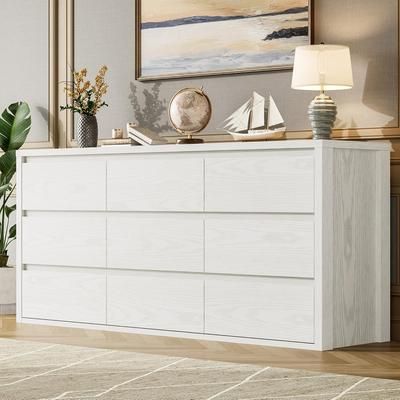 Garvee 9 Drawer Dresser for Bedroom Wide Modern Chest of Drawers Large Wood Dresser Wooden Storage Organizer for Living Room Hallway Entryway in White
