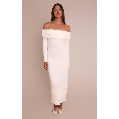 Cream Ribbed Fold Over Bardot Long Sleeve Maxi Dress