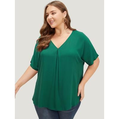 Plus Size ArmyGreen Plain Plicated Detail Batwing Sleeve Curved Hem Blouse Women Office Short sleeve V-neck Work Blouses BloomChic 12/L