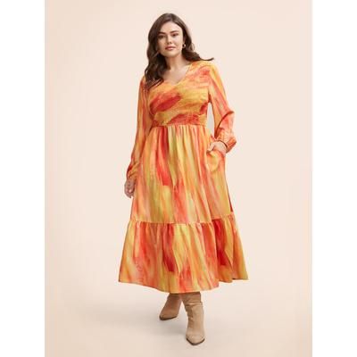 Plus Size Gradient Dyeing Shirred Ruffle Hem Dress Multicolor Women Elegant Gathered V-neck Long Sleeve Curvy BloomChic 10/M