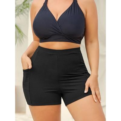 Plus Size Textured Tight-Fit Pockets Swim Bottoms Women's Swimwear Black Beach Texture High stretch Skinny High Rise Side seam pocket Curve Swim Bottoms BloomChic 12/L