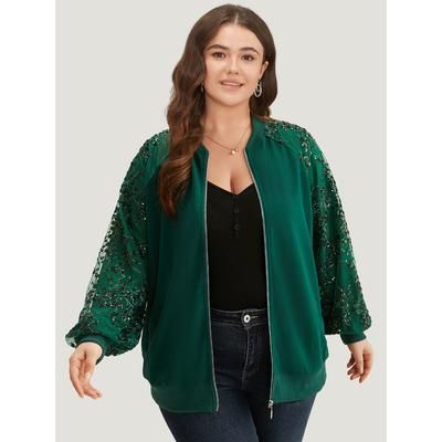 Plus Size Embroidered Patchwork Mesh Zipper Jacket Women Green Elastic cuffs Dailywear Jackets BloomChic 10/M