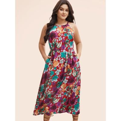 Plus Size Floral Printed Patchwork Side Seam Pocket Dress Burgundy Women Resort Gathered Non Sleeveless Curvy BloomChic 14-16/1X