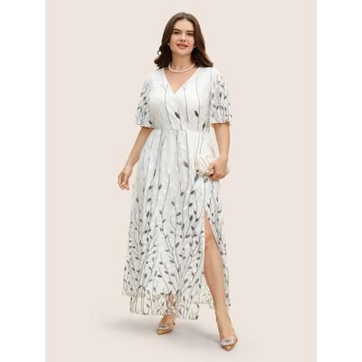 Plus Size Sequin Mesh Embroidered Wrap Split Hem Dress WhiteSmoke Women Formal Texture Overlap Collar Short sleeve Curvy BloomChic 22-24/3X