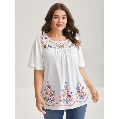 Plus Size Floral Dreams Flared Sleeve Solid T-Shirt WhiteSmoke Women Gathered Round Neck Vacation T-shirts BloomChic 10/M