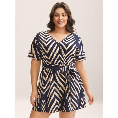 Plus Size Geometric Print Belted Stretchy Waist Romper Navy Side seam pocket Work 14-16/1X Rompers Bloomchic