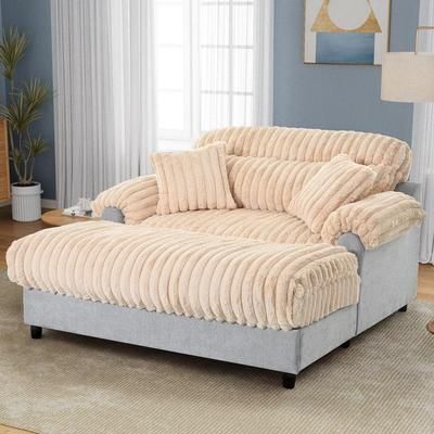65.2 in. Pillow Top Arms Faux Fur Fabric Square Chaise Lounge Sofa Couch in Champagne with 2 Pillows