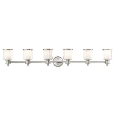 Bellington 55 in. 6-Light Brushed Nickel Vanity Light with Clear Outer Glass and Satin Opal Inner Glass
