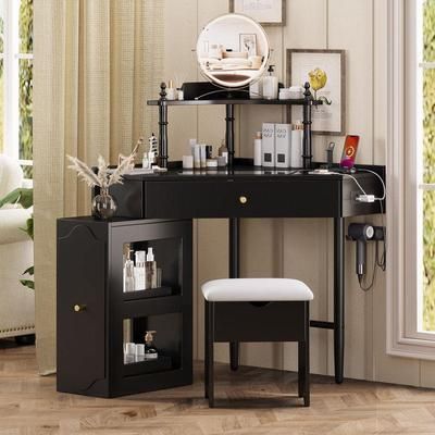 Black 29.13 in. W Makeup Vanity with Charging Station, Cabinet, Drawer and Shelf, Dresser with Stool without Mirror