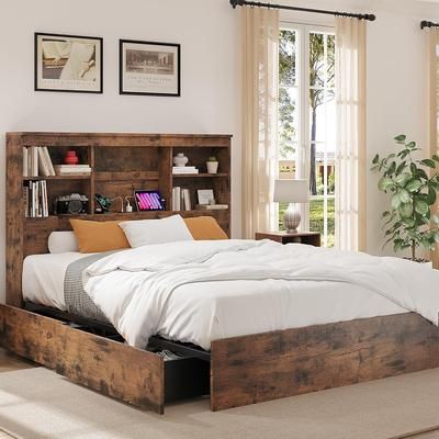 Garvee Full Size Bed Frame with High Storage Bookcase Headboard Wood Bed Frame with 4 Storage Drawers Built in Charging Station No Box Spring Needed
