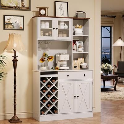 Garvee Coffee Bar Cabinet with Power Outlet Exquisite Barn Doors Sideboard Buffet Cabinet with Wine Bottle Rack Storage Cabinet for Kitchen Dining