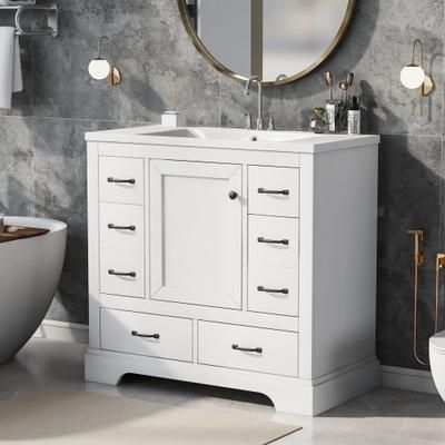 Afhocomp 36 in. Single Sink Freestanding White Bath Vanity with White Integral Ceramic Basin | MOBYBV1936W