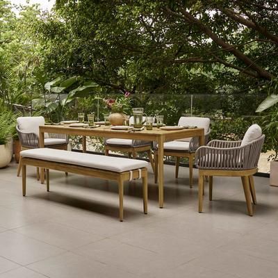 Castlery Isla Outdoor Dining Table Set with 4 Chairs and Bench, Solid Teak, Curved Edges, Multi Color