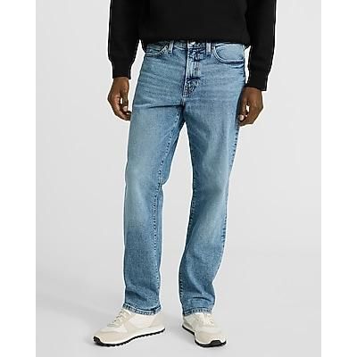 Express Men's Straight Light Wash Stretch Jeans in Blue, size: W34 L30