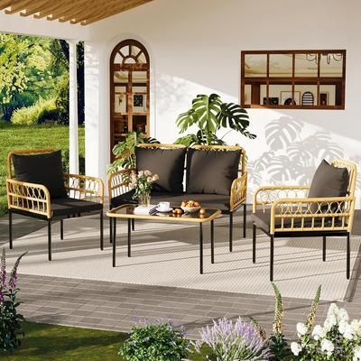Garvee 4Pcs Outdoor Patio Furniture Set with Table All-Weather Boho Wicker Rattan Patio Sectional L-Shaped Sofa Metal Frame Detachable Cushions for