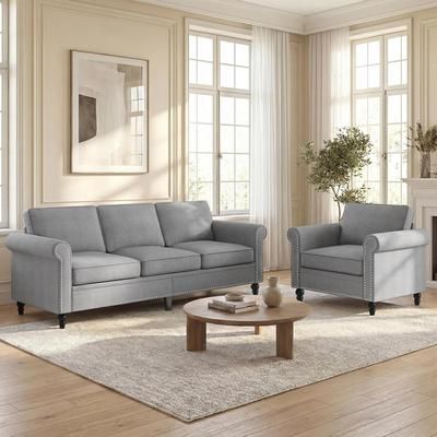Mjkone 2 Pieces Living Room Sectional Sofa Set Light Grey With Gourd Shaped Legs And Nailhead Trim one_size | LWLG-11059-3+1