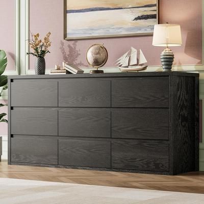 Garvee 9 Drawer Dresser for Bedroom Wide Modern Chest of Drawers Large Wood Dresser Wooden Storage Organizer for Living Room Hallway Entryway in Black