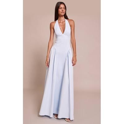 Light Blue Woven Halterneck Plunge Midaxi Dress