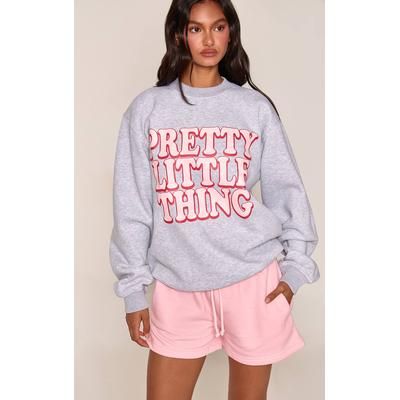 Grey Marl Prettylittlethings Print Pullover Sweatshirt
