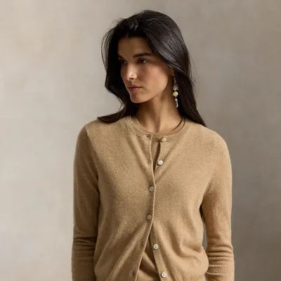Ralph Lauren Cashmere Crewneck Cardigan in Collection Camel Melange - Size XS