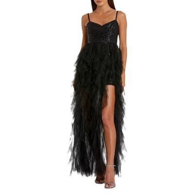 Mac Duggal Sequin Mini With High Low Ruffle Tiered Train Dress - Black