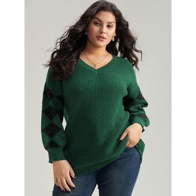 Plus Size Anti-Pilling Plaid Contrast V Neck Elastic Cuffs Pullover DarkGreen Women Casual Loose Long Sleeve V-neck Festival-Christmas Pullovers BloomChic 14-16/1X
