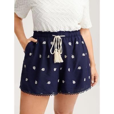 Plus Size Floral Embroidered Drawstring Wide Leg Shorts Women Indigo Casual Embroidered Wide Leg Everyday-Casual Shorts BloomChic 10/M