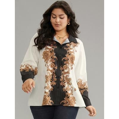 Plus Size Multicolor Boho Print Contrast Shirt Collar Blouse Women Vacation Long Sleeve Shirt collar Vacation Blouses BloomChic 12/L