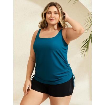 Plus Size Side Drawstrings Plain Swim Top Women's Swimwear Cyan Beach Drawstring High stretch Skinny U-neck Curve Swim Tops BloomChic 18-20/2X