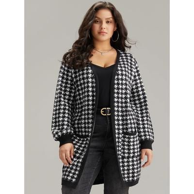 Plus Size Supersoft Essentials Houndstooth Pocket Elastic Cuffs Cardigan Black Women Casual Loose Long Sleeve Dailywear Cardigans BloomChic 14-16/1X