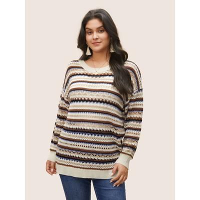 Plus Size Striped Contrast Drop Shoulder Hollow Out Pullover Beige Women Casual Long Sleeve Round Neck Everyday Pullovers BloomChic 22-24/3X