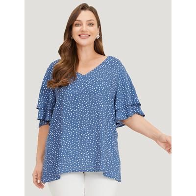 Plus Size Cerulean Polka Dot Flutter Sleeve Layered Blouse Women Elegant Half Sleeve V-neck Dailywear Blouses BloomChic 12/L