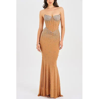 Miss Circle Fatima Crystal Corset Mesh Mermaid Maxi Dress in Beige, Women's at Urban Outfitters