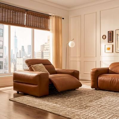 Leather Wide Arm Recliner Armchair with Feather Filled Seats - Brown | Jaron by Castlery