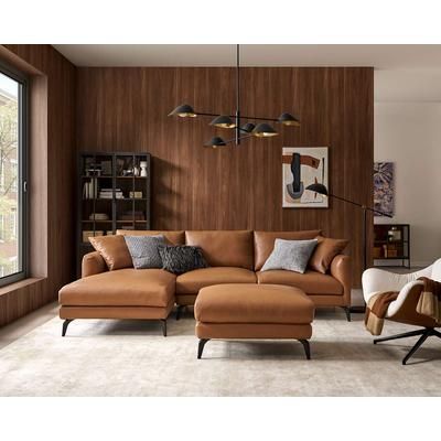 Lena Leather Chaise Sectional Sofa Left Facing with Ottoman, Cocoa American Top Grain Leather, Matte Black Legs