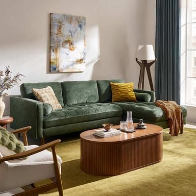 Biscuit Tufted Design Chaise Sectional Sofa - Green | Madison by Castlery, Performance Fabric, Comfortable for Long Chats