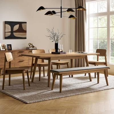 Wooden Dining Table Set with 4 Wooden Chairs and Bench - Brown, White | Seb by Castlery, Mid-Century Style, Multi Color