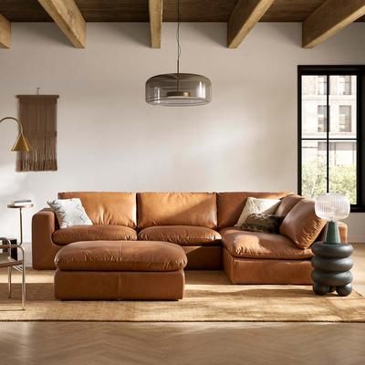 Low-Profile Leather Chaise Sectional Sofa with Large Storage Ottoman - Brown | Dawson by Castlery