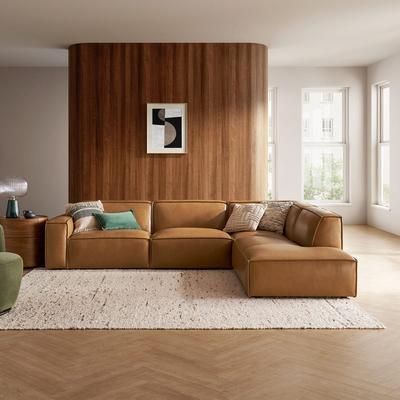 Brown Top Grain Leather Extended Right Side Chaise Sectional | Jonathan by Castlery, Modern Modular Lounge Seating for Living Room