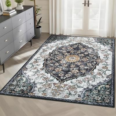 GarveeLife 9x12 Vintage Bohe Floral Area Rug Machine Washable Non Slip Non Shedding Low Pile Soft Neutral Carpet for Bedroom Living Room Farmhouse