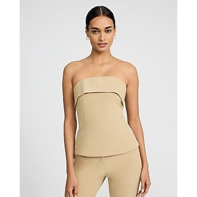 Express Women's Studio Stretch Twill Fold Over Strapless Tailored Top in Brown Large