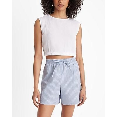 Express Plus Size Women's Crew Neck Elastic Waist Crop Top in White XL