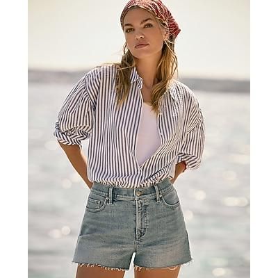 Express Women's High Waisted Light Wash Raw Hem 2.5" Inseam Vintage Jean Shorts in Blue 10