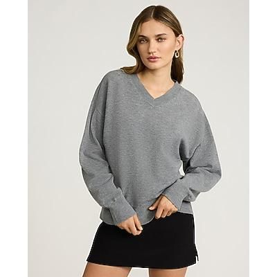 Express Women's Oversized Relaxed Airy Soft V-Neck Sweater in Gray Medium