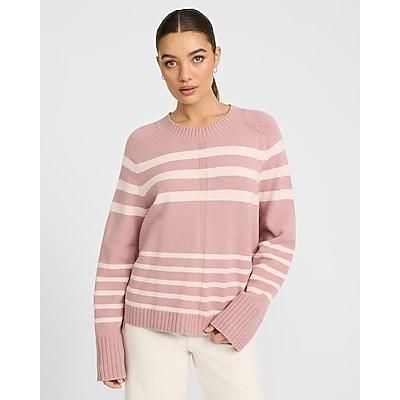 Express Women's Plush Airy Soft Striped Crew Neck Wide Sleeve Sweater in Pink XL